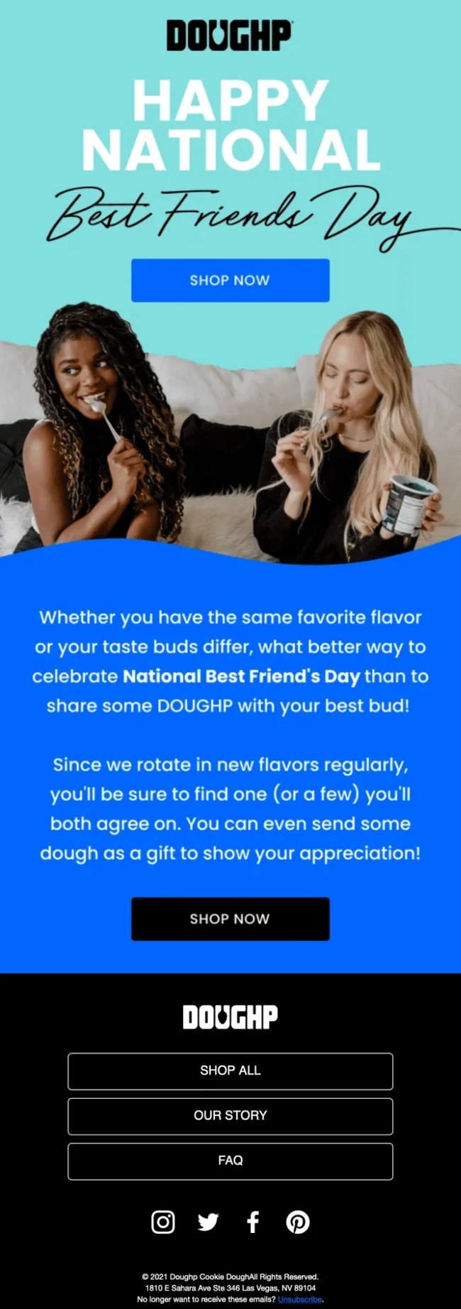 Doughp celebrating National Best Friend's Day with two women enjoying cookie dough.