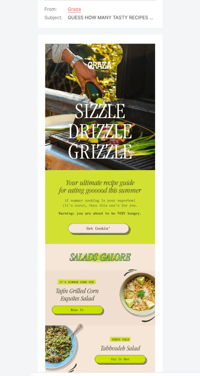 Graza featuring a summer recipe guide with grilled corn and tabbouleh salad.