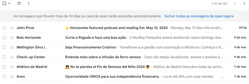 exemplo de caixa de spam cheia no gmail