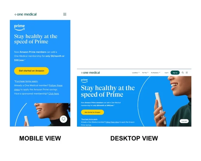 One Medical Amazon Prime promotion shown in mobile and desktop views, highlighting health benefits and subscription options.