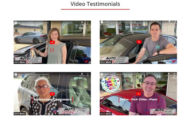 Auto repair website showing video testimonials from customers