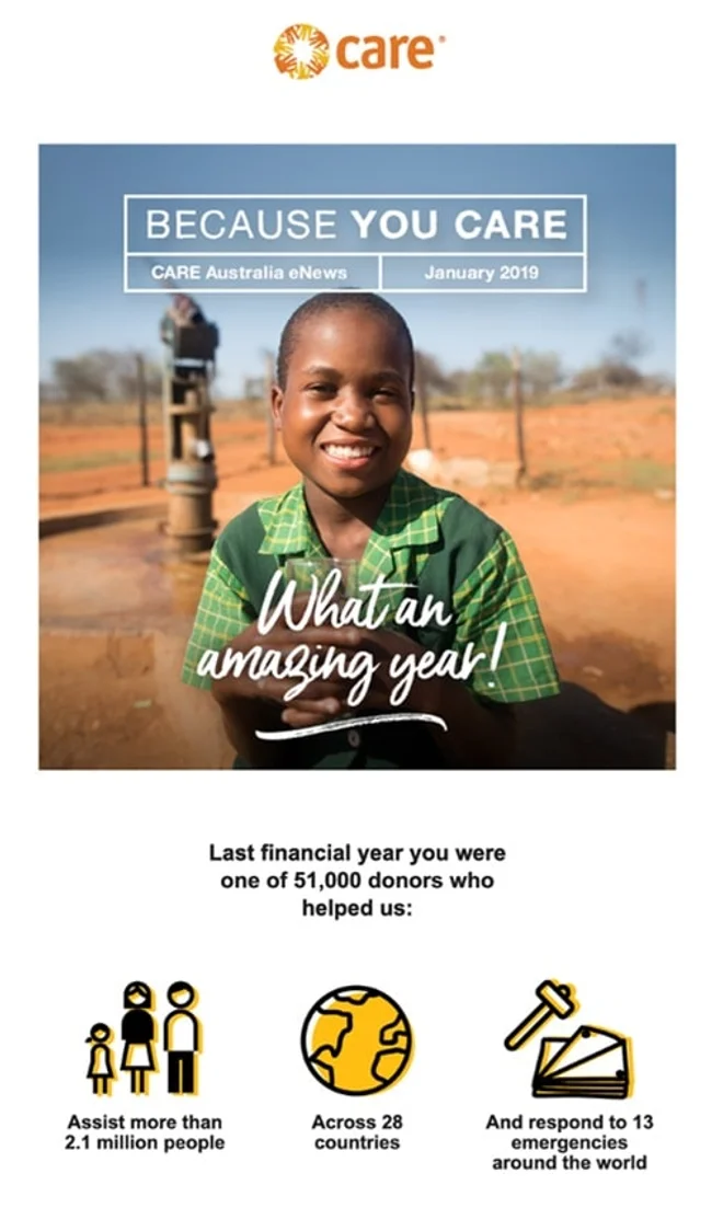 CARE Australia eNews January 2019 featuring a smiling child in front of a water pump