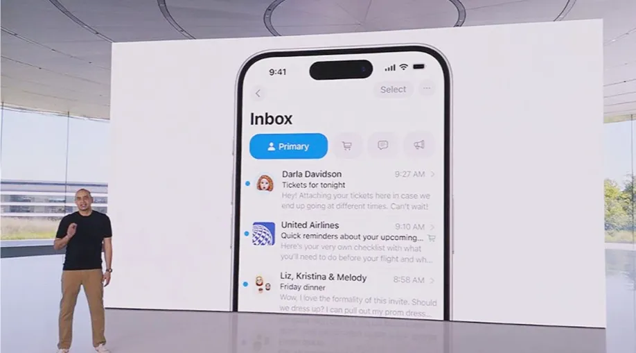 Apple executive presenting new tabbed inbox feature for Apple Mail in iOS 18 at WWDC 2024