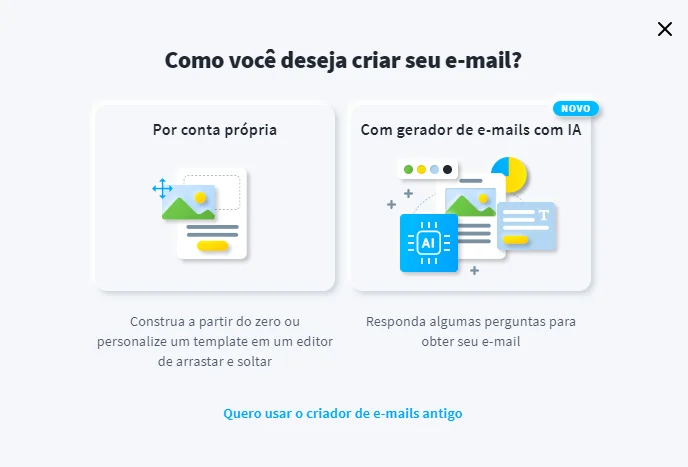 opções para criar emails dentro da getresponse