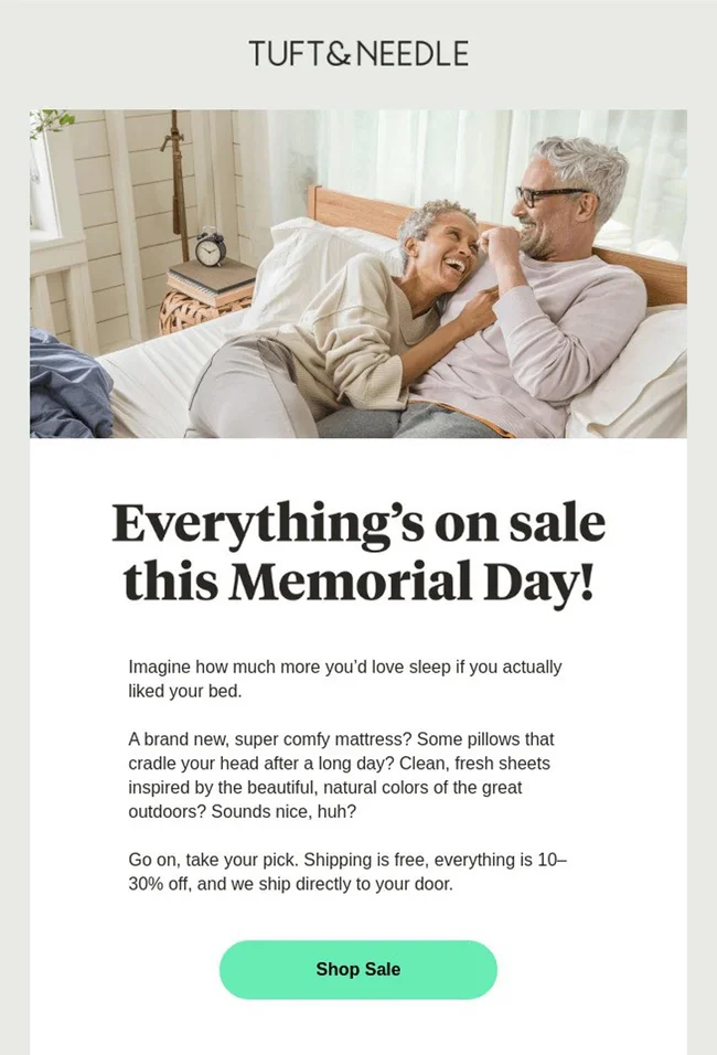 Memorial Day sale at Tuft & Needle, offering discounts on mattresses, pillows, and bedding for better sleep.