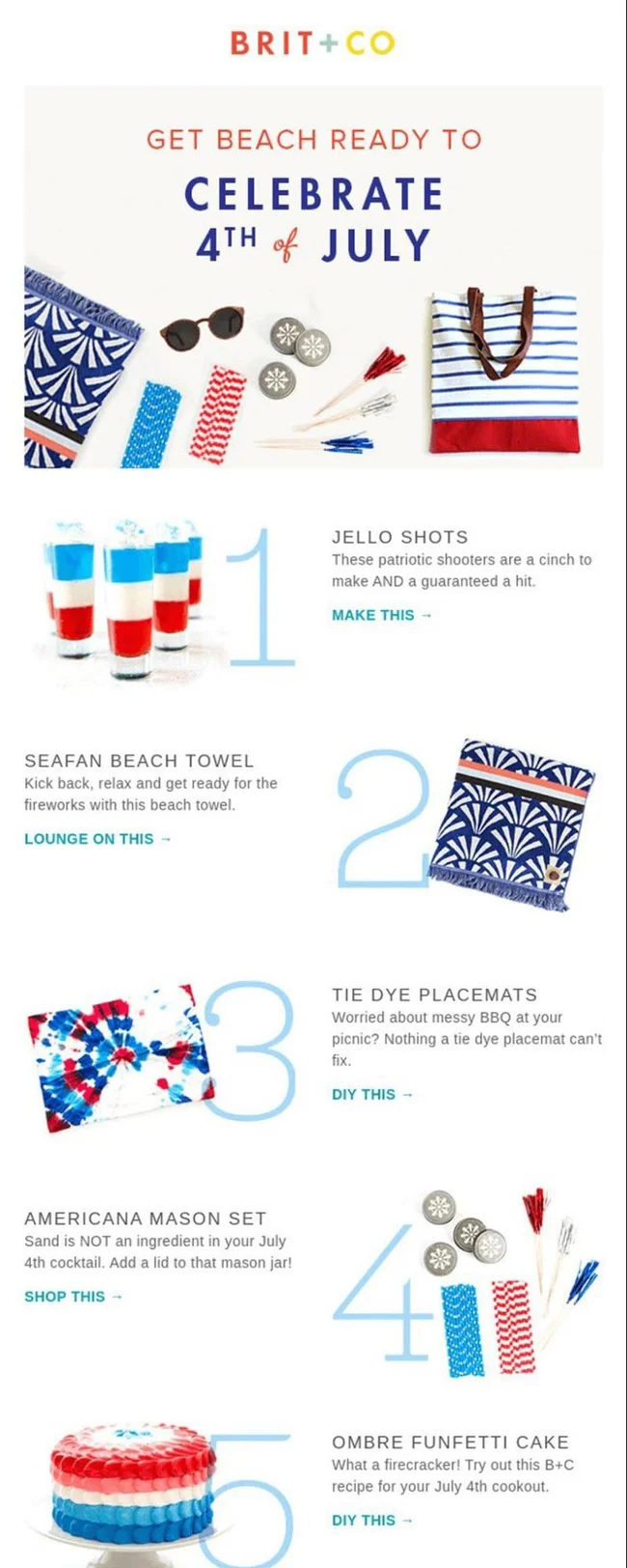 Beach ready guide to celebrate 4th of July with patriotic jello shots, beach towels, and tie-dye placemats.