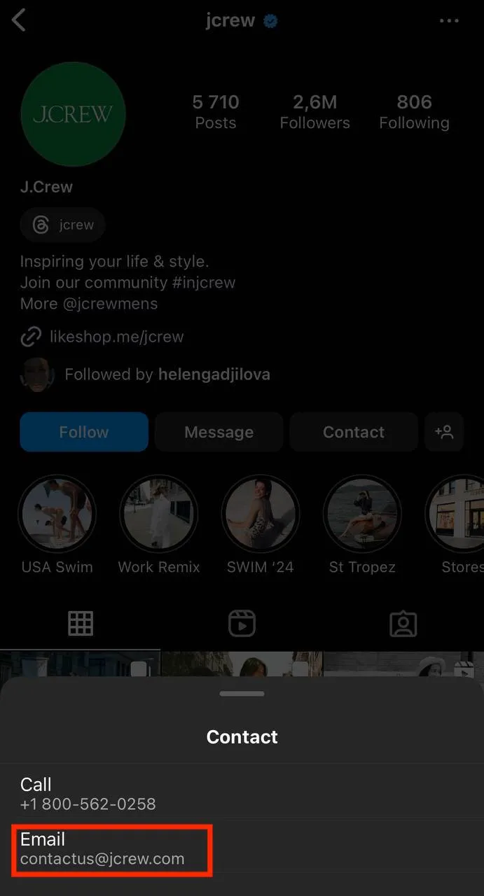 J.Crew Instagram contact options to email for growing email list with Instagram.