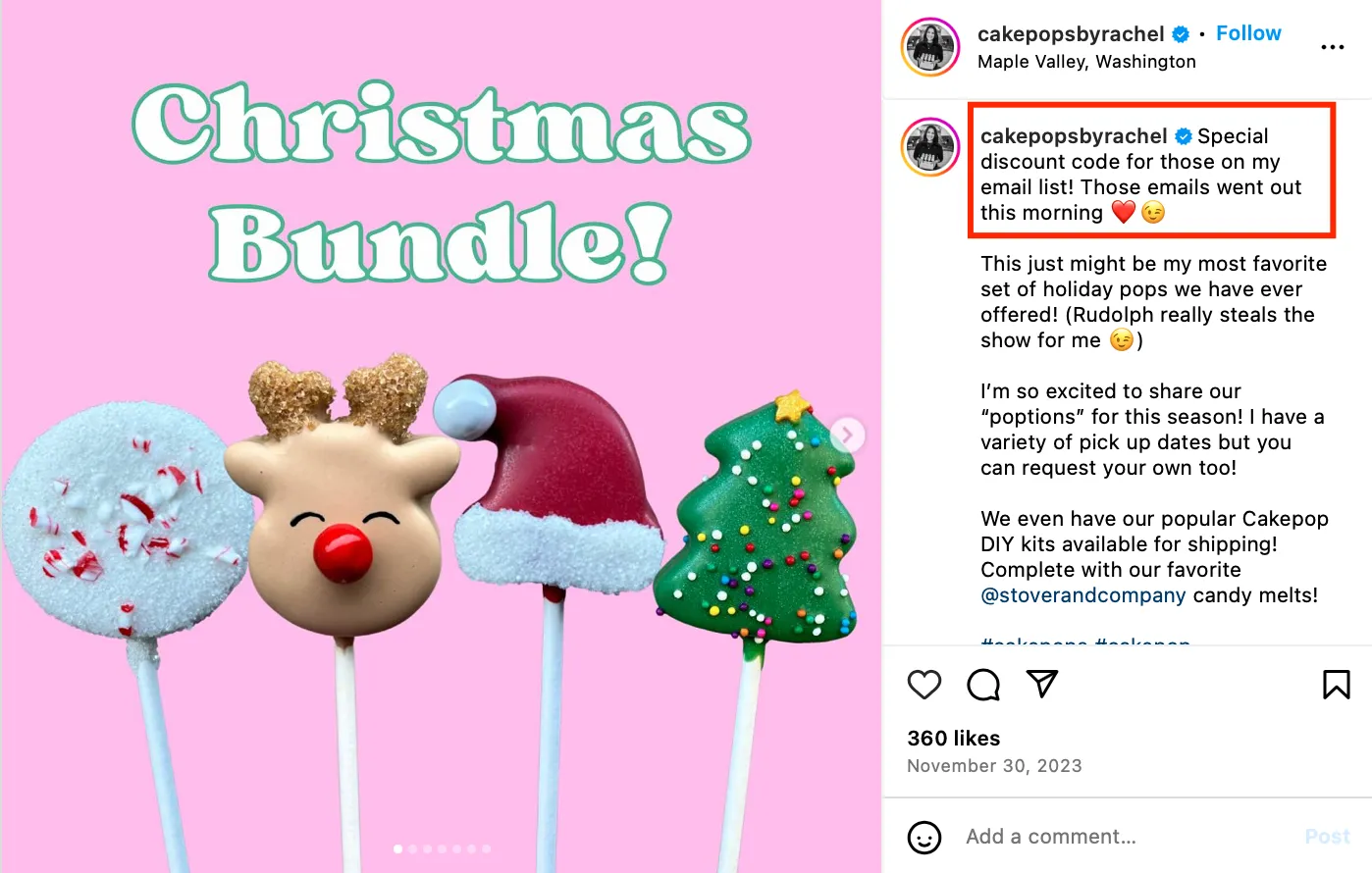 Cakepopsbyrachel Instagram post offering a special discount code for email subscribers to grow email list with Instagram.