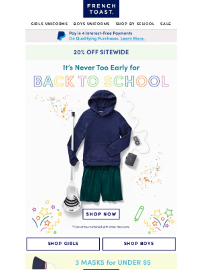 French Toast promoting back to school uniforms and 20% off sitewide