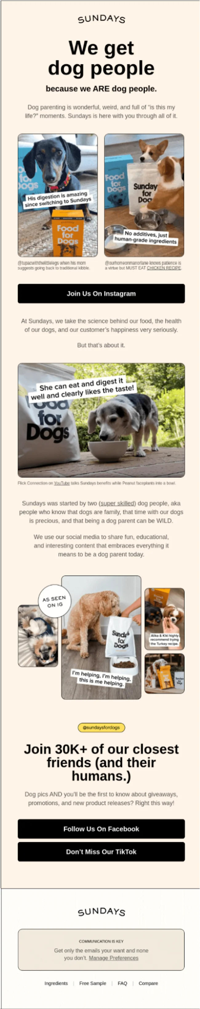 Sundays promotion for dog people, featuring customer testimonials