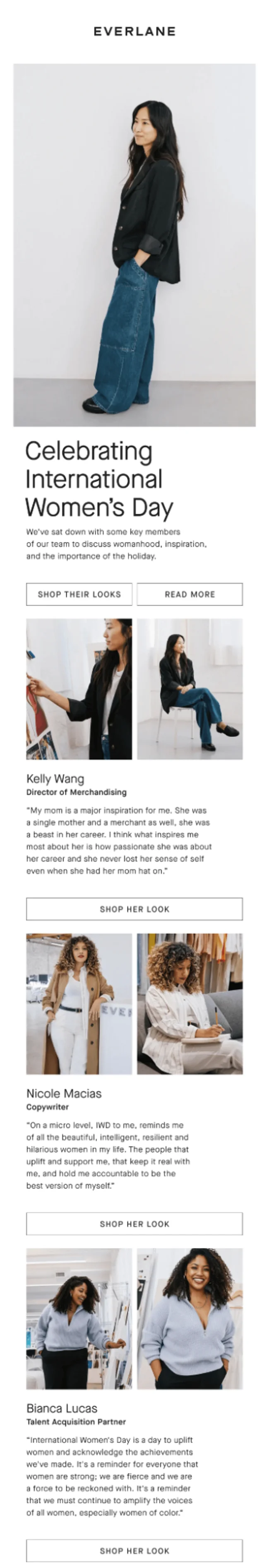 Everlane celebrating International Women's Day with employee stories and fashion