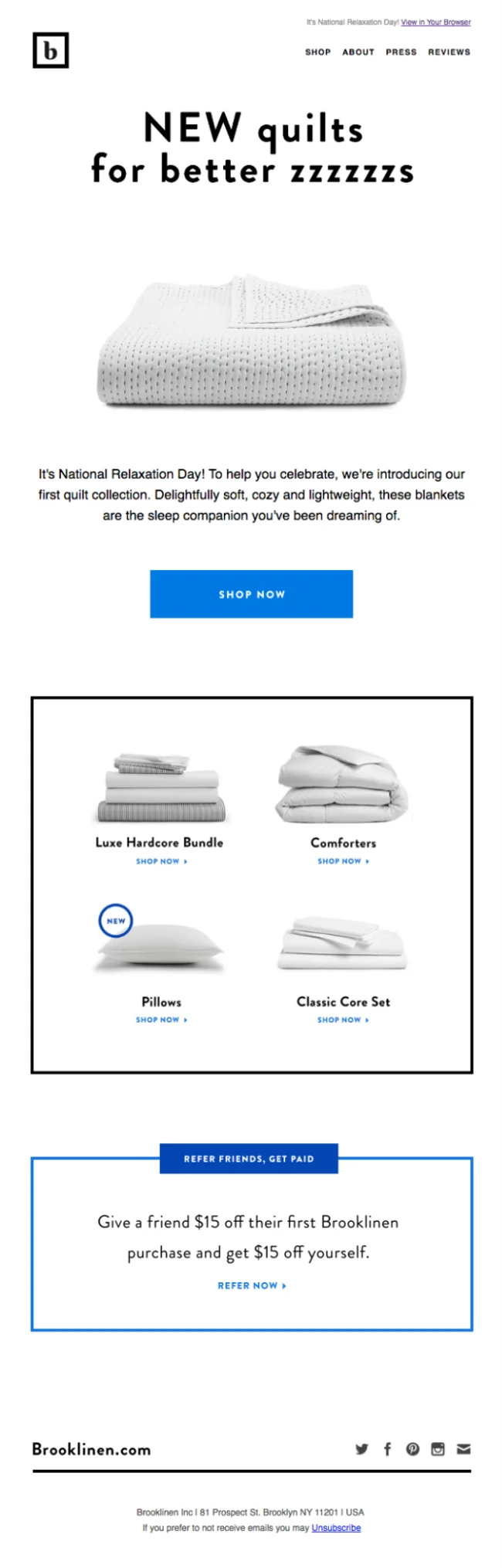 Brooklinen introducing new quilts for better sleep on National Relaxation Day