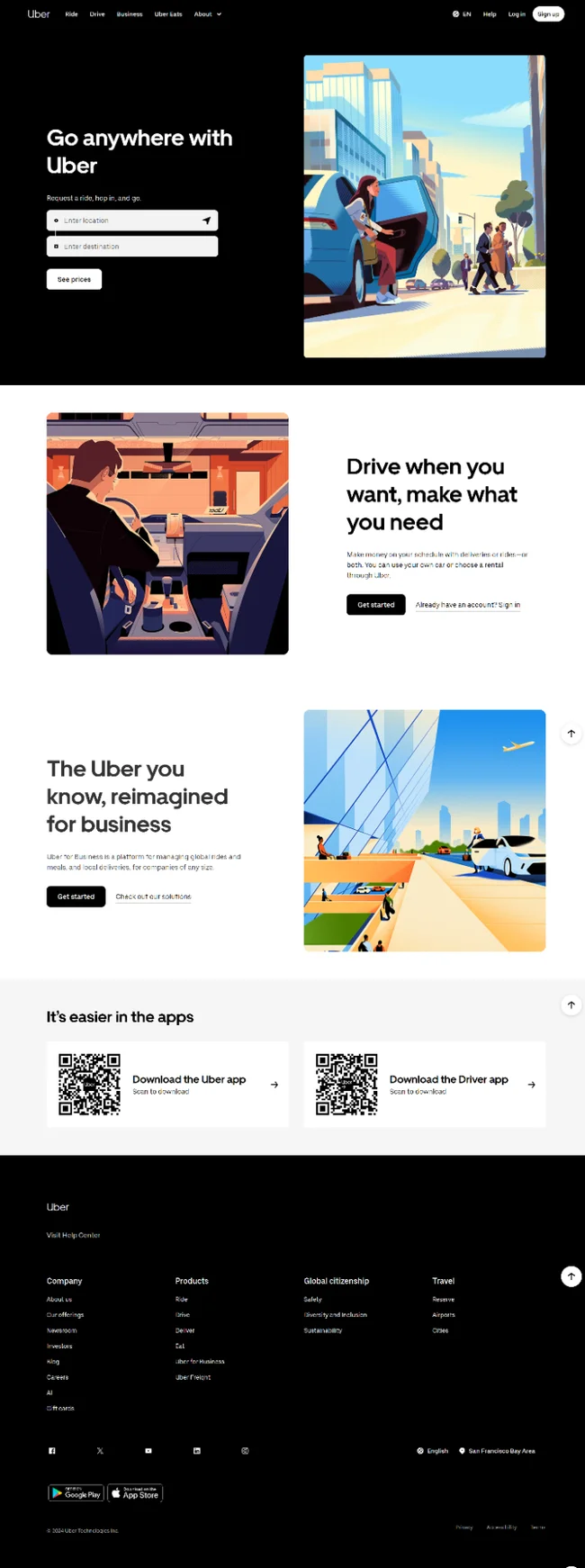 Uber homepage highlighting various services and app download options