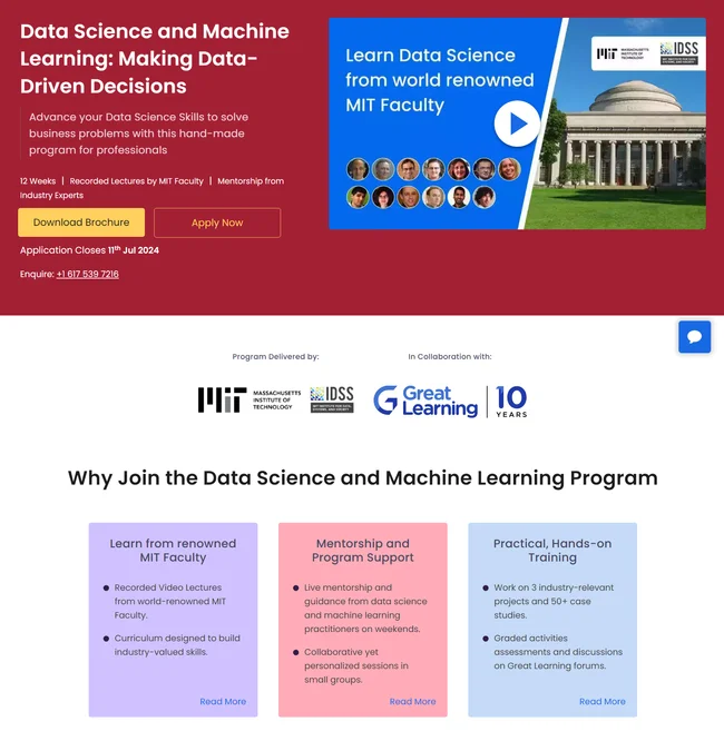 Education landing page for Data Science and Machine Learning Program featuring MIT Faculty and program benefits.