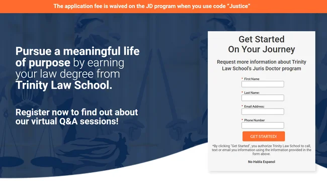 Education landing page for Trinity Law School's Juris Doctor program, featuring a call to action and application details.