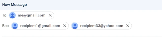 Gmail compose window showing BCC field used for sending an email to multiple recipients individually.