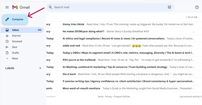 Gmail interface showing how to compose a new email.