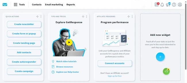 GetResponse dashboard showing quick access to email marketing tools and affiliate programs.