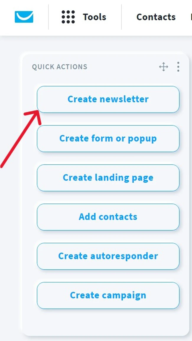 GetResponse quick actions menu highlighting the option to create a newsletter.