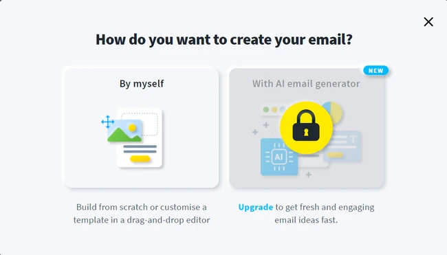 GetResponse options for creating emails, including AI email generator and drag-and-drop editor.