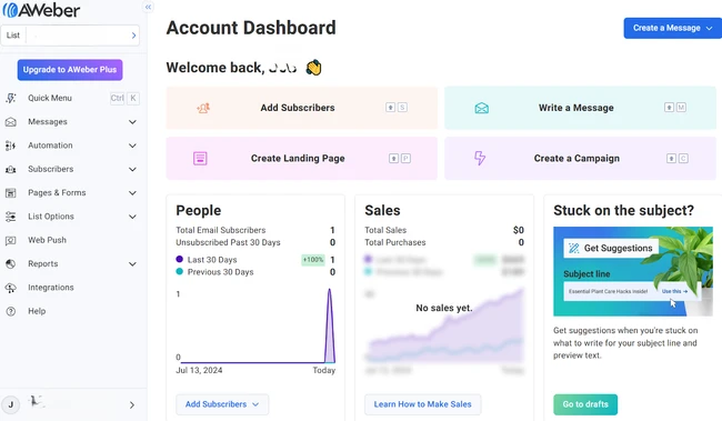 AWeber account dashboard showing email marketing options and stats overview.