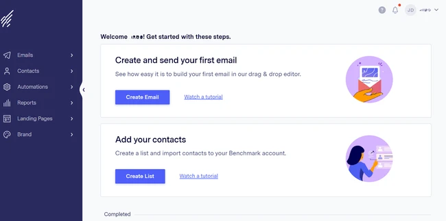 Email marketing welcome dashboard with options to create and send emails or add contacts.