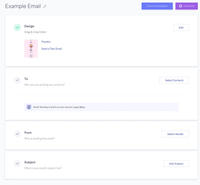 Example email design and scheduling options in an email marketing platform.