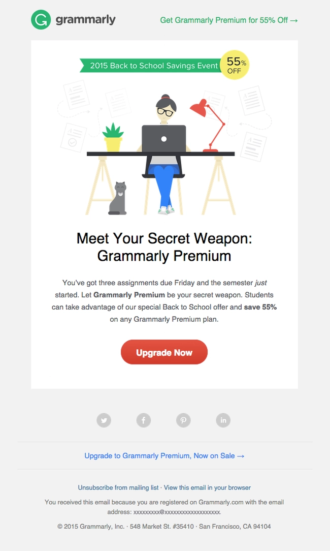 Grammarly back to school newsletter offering 55% off premium services for students