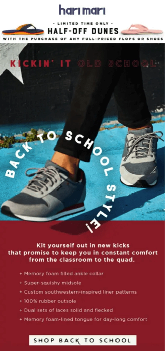 Hari Mari back to school newsletter promoting footwear for students