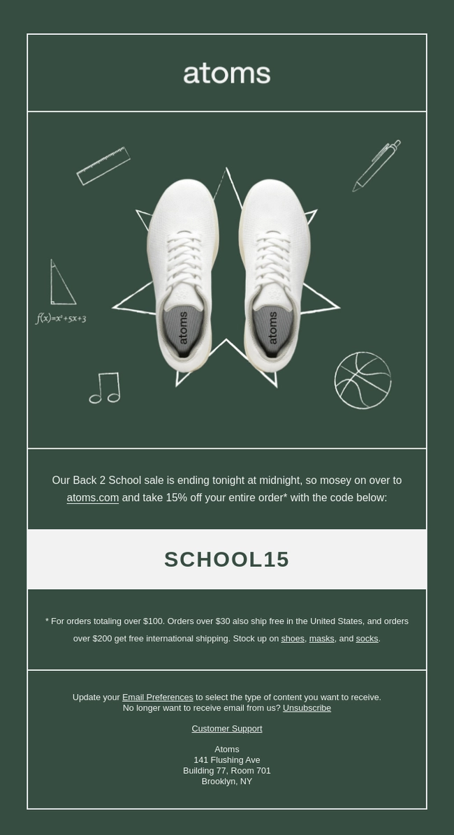 Atoms back to school newsletter offering discounts on shoes and masks for the new school year