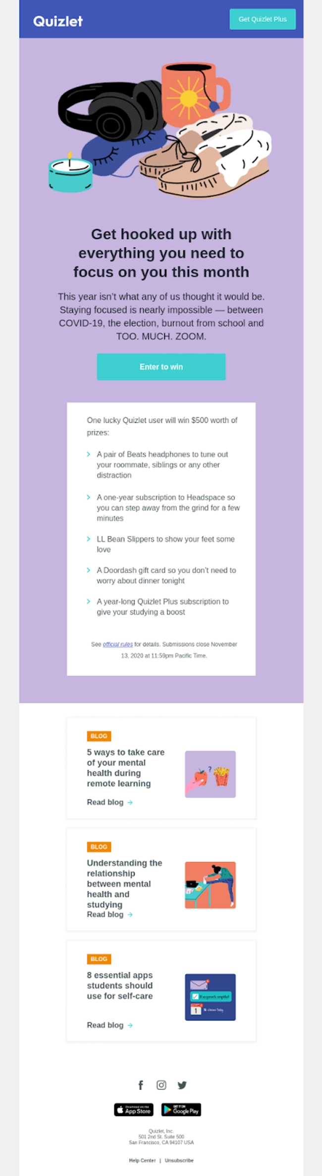 Quizlet back to school newsletter featuring study tools and mental health resources for students