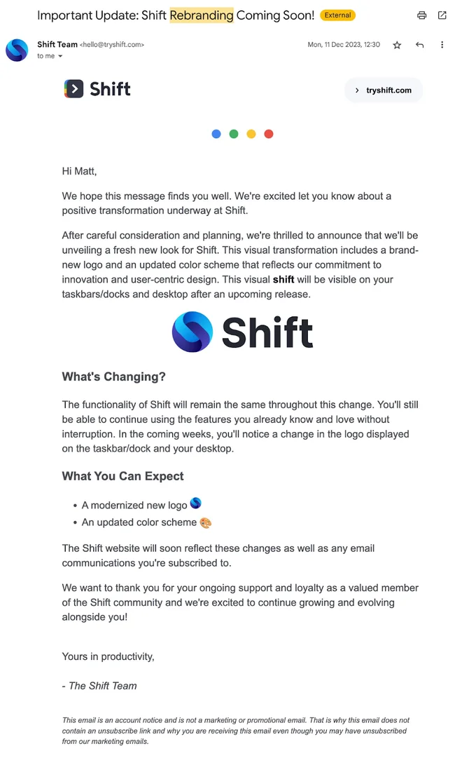 Shift Rebranding Announcement Email