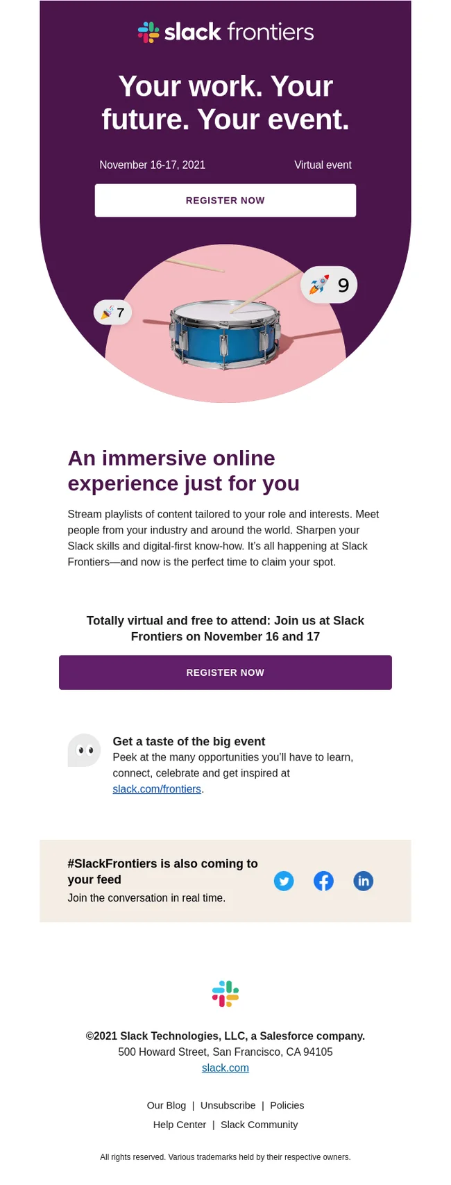 Email Marketing trends example promoting Slack Frontiers virtual event focused on work and future.