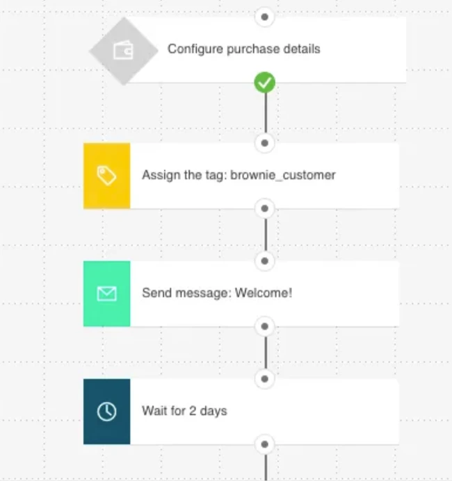 Marketing automation flow with steps including configuring purchase details, assigning customer tags, sending welcome emails, and timed delays.