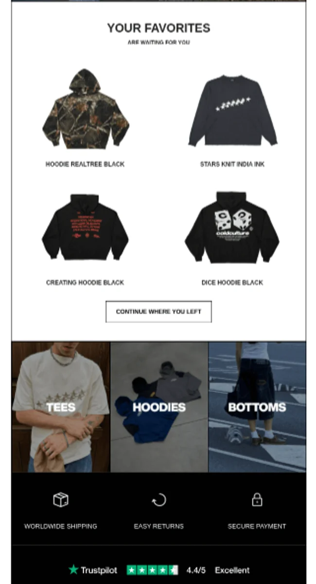 Display of favorite items including black and camo hoodies with unique designs and text, inviting users to 'Continue where you left' with options for tees, hoodies, and bottoms.