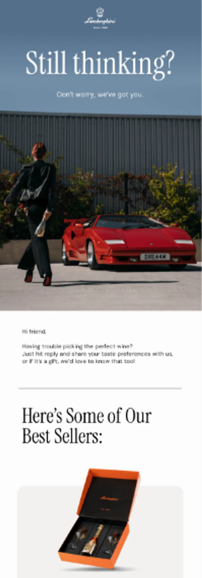 Retargeting email with the text 'Still Thinking?' showcasing a luxury Lamborghini car and a stylish woman holding a bag, followed by best-seller gift recommendations.