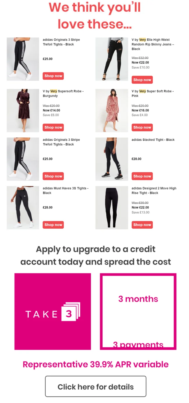 A curated list of recommended products including Adidas leggings and V robes with pricing and 'Shop now' buttons, followed by a credit account offer with flexible payments.