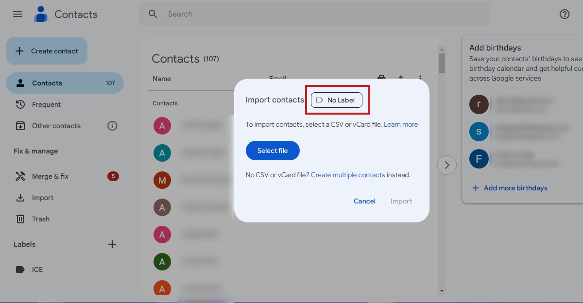 Popup dialogue box in Google Contacts with the labeling option