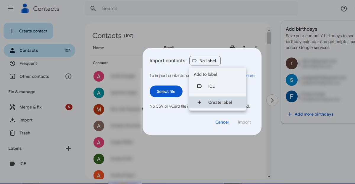 Popup dialogue box in Google Contacts with the label drop-down option