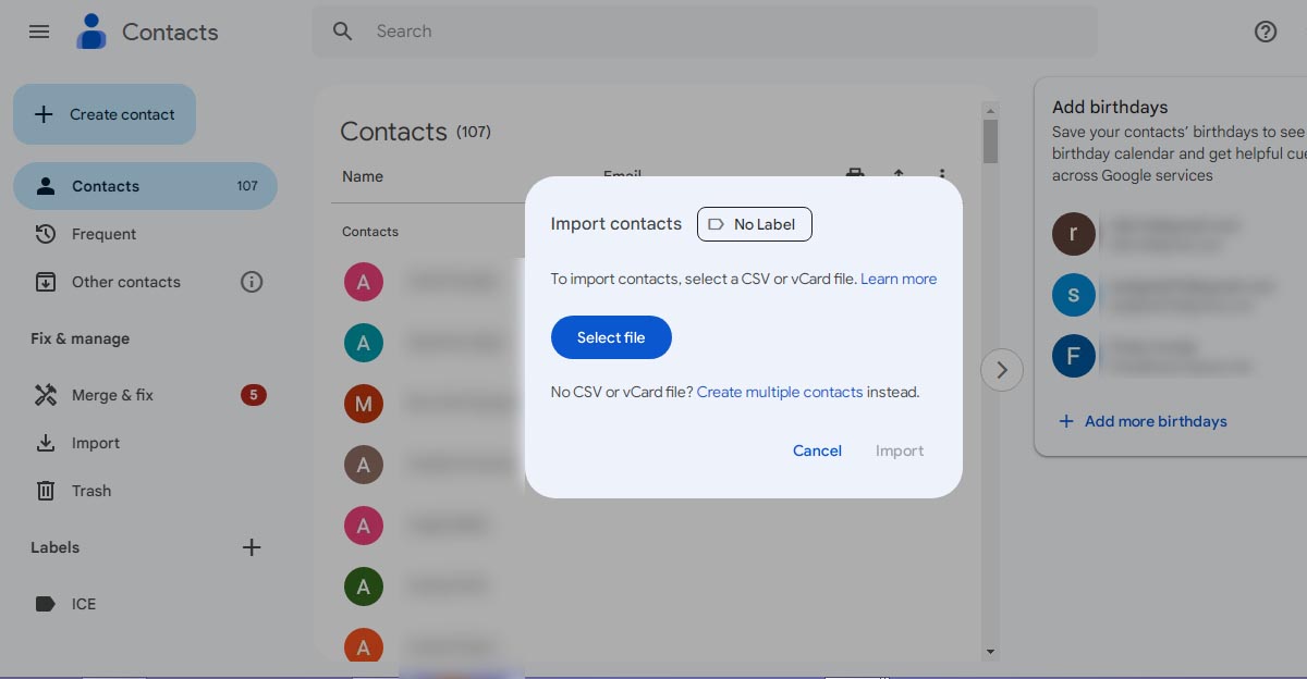 Popup dialogue box in Google Contacts with the 'Select File' and 'Create Multiple Contacts' options for importing contact lists.