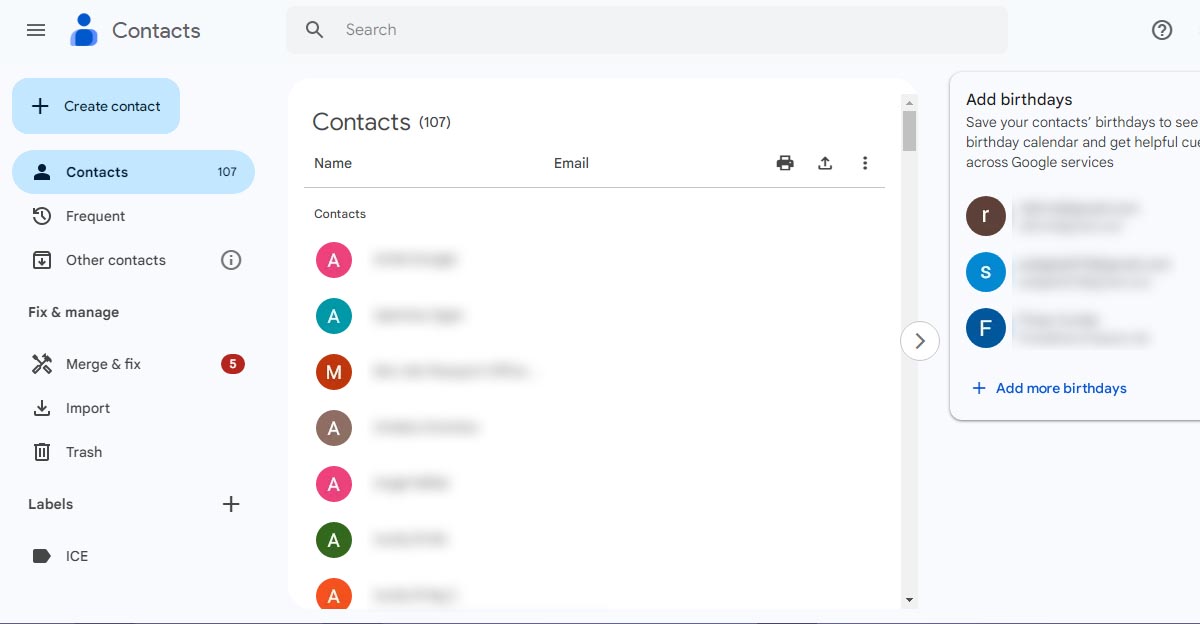 Google Contacts interface