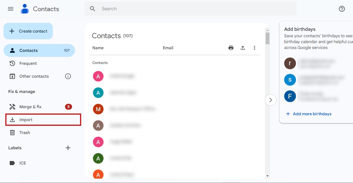 Google Contacts interface showing the 'Import' menu option highlighted on the left sidebar for adding contacts to your Gmail account.