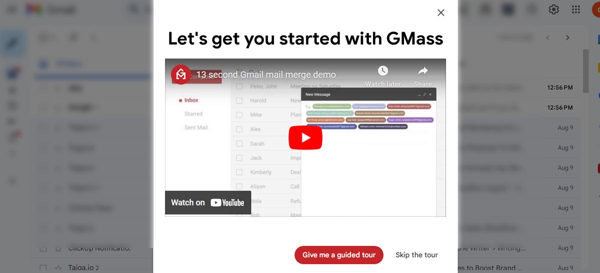 Gmass extension demo popup in Gmail showing an introductory video for understanding how to send personalized mass emails.