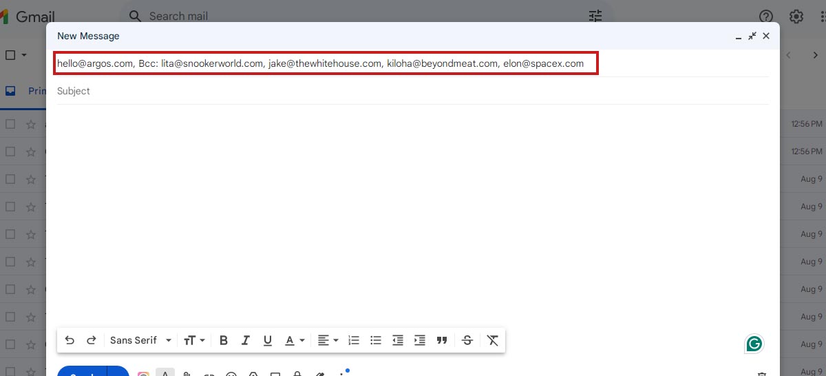 Main recipient address and bcc addresses merged together in the top field