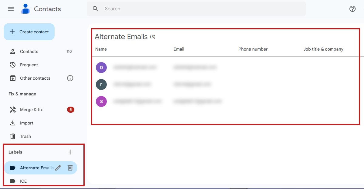 Google Contacts sidebar displaying newly created labels under the 'Labels' section for efficient contact management."