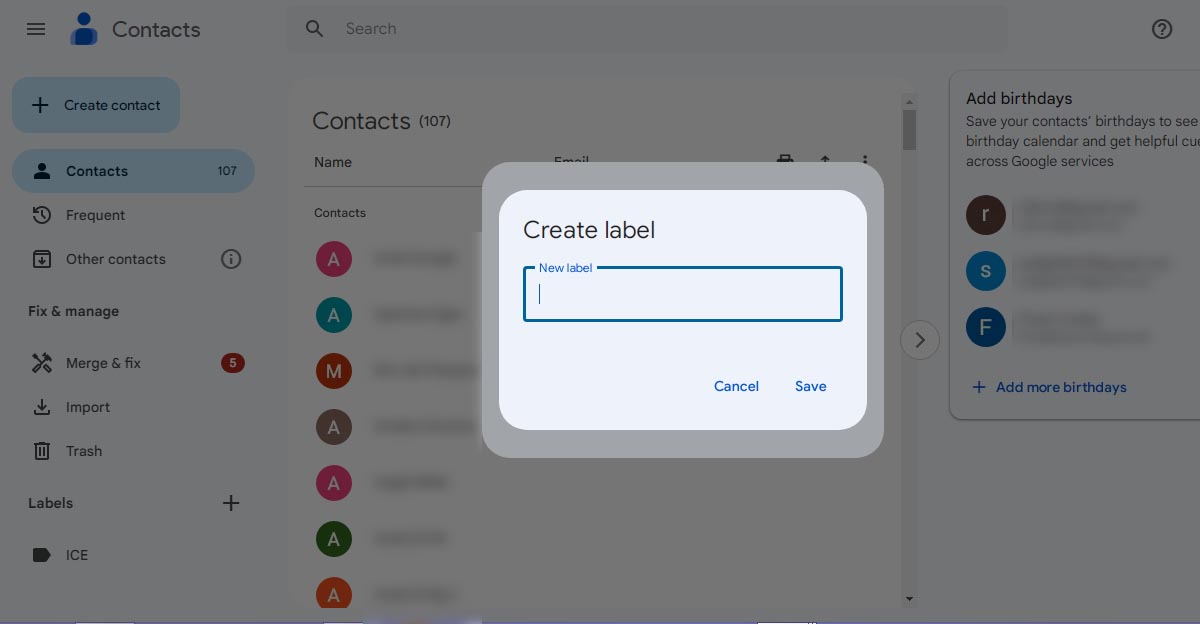 Label creation pop up in google contacts