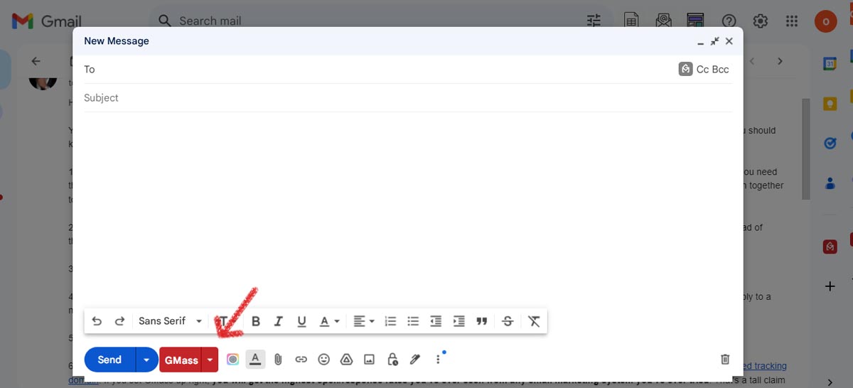 Gmail compose window with the Gmass button located next to the native 'Send' button for mass emailing functionality