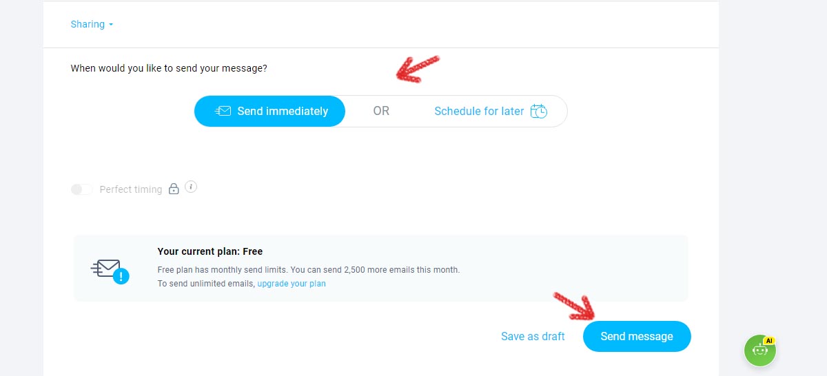 Options whether to send message immediately or schedule it for later