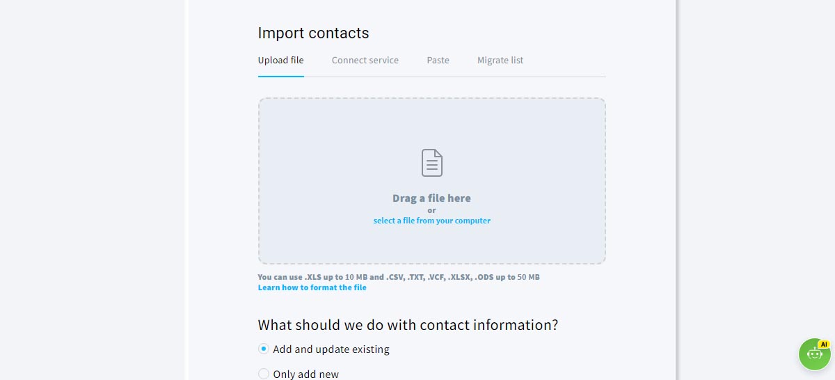 Drag and dop section to upload a contacts file