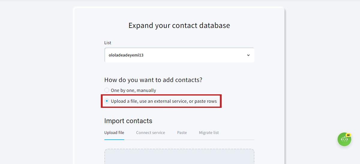 Radio checkbox to upload a contacts file